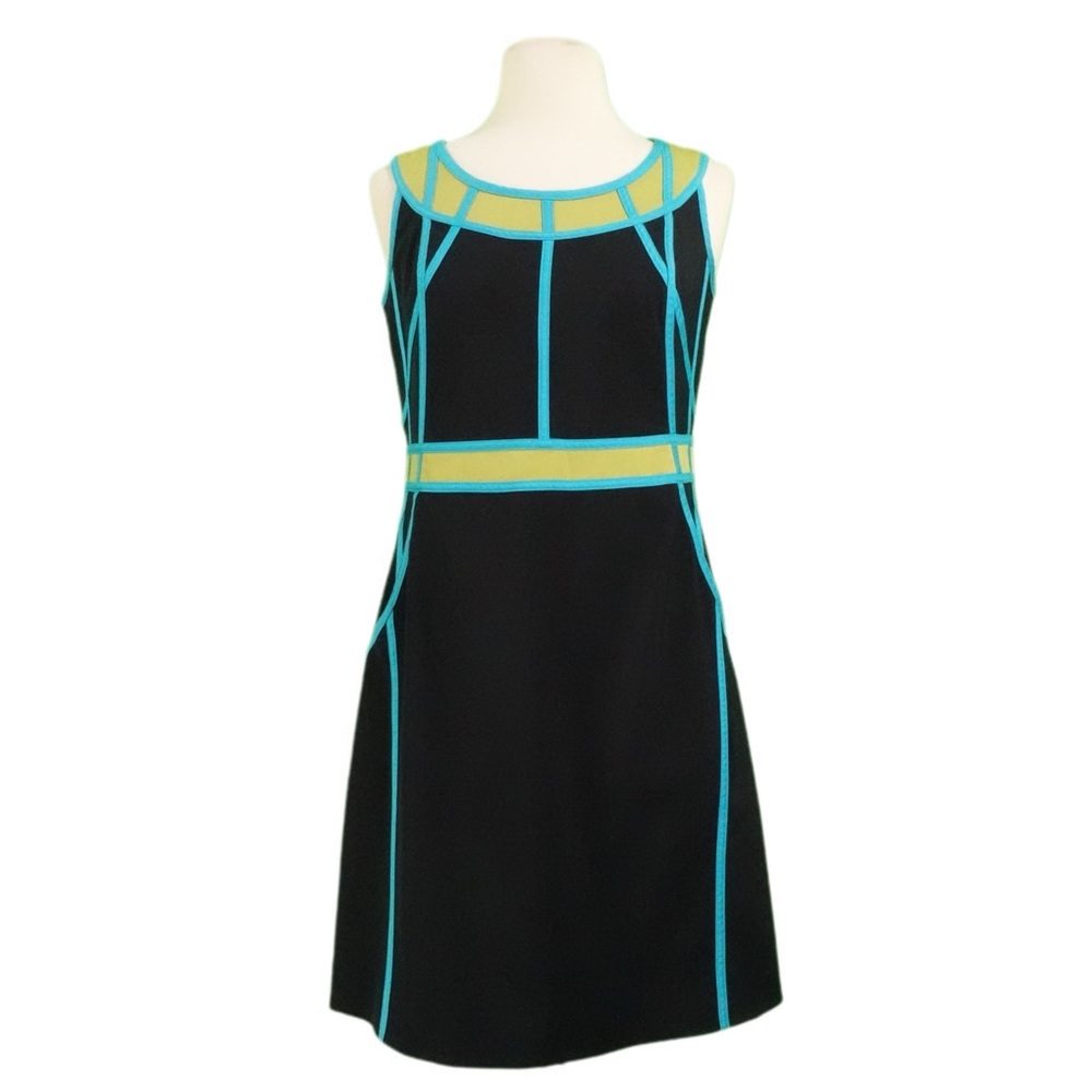 Etcetera Black and Blue Sheath Midi Dress Sleeveless Crew Neck